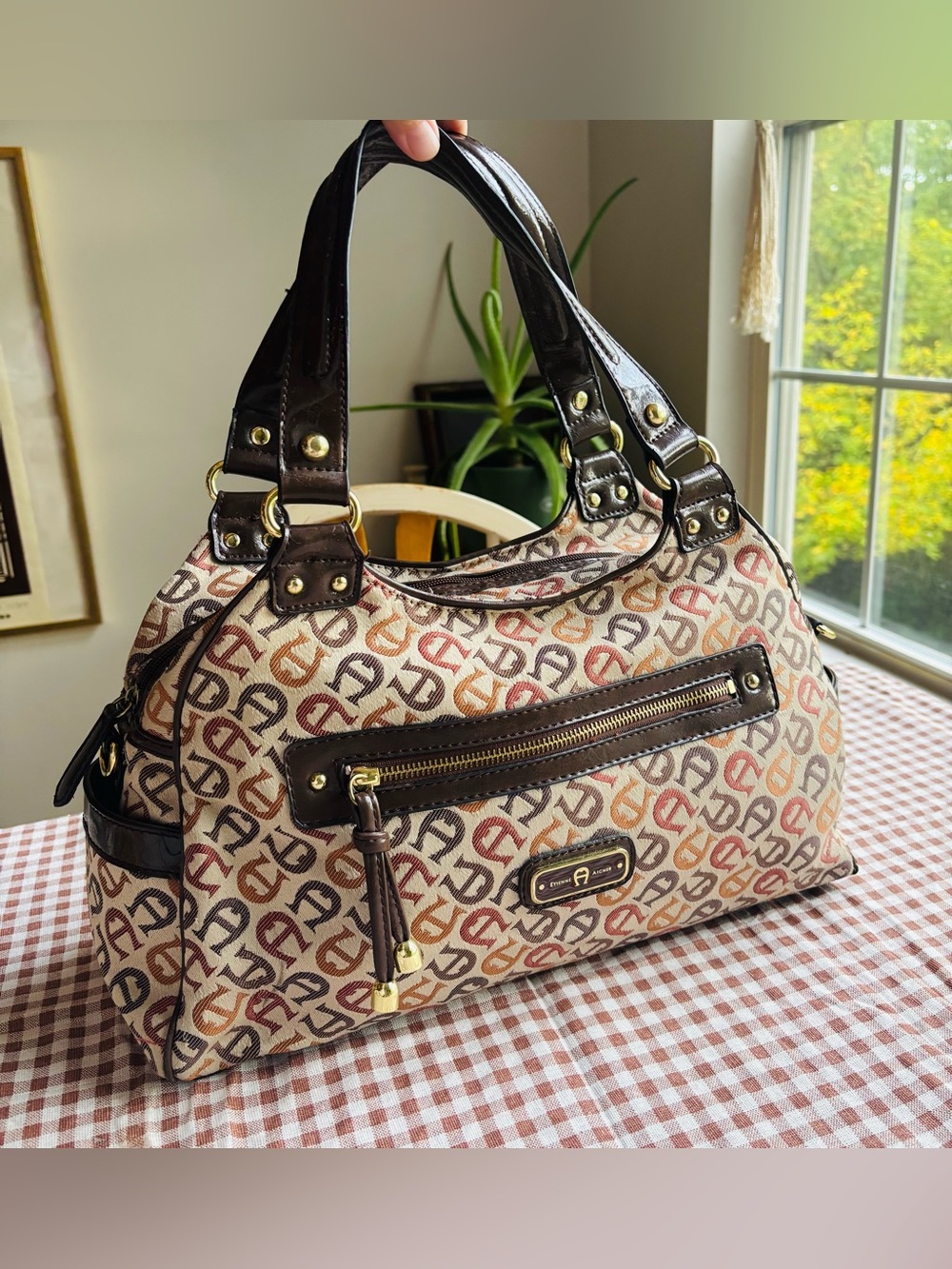 Etienne Aigner Vintage Y2K Multicolor Logo Dome Satchel with Dark Brown Trim